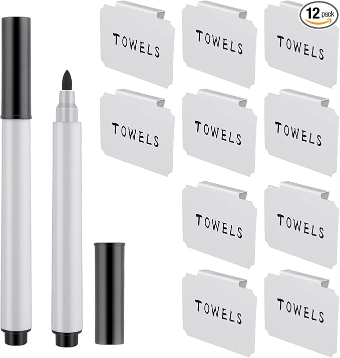 12 Pieces Basket Labels Clip on Set, Include 10 Pieces Kitchen Clip Label Holder Removable Pantry Basket Labels with 2 Pieces Black Chalk Marker for Storage Bins Organization Box (White)