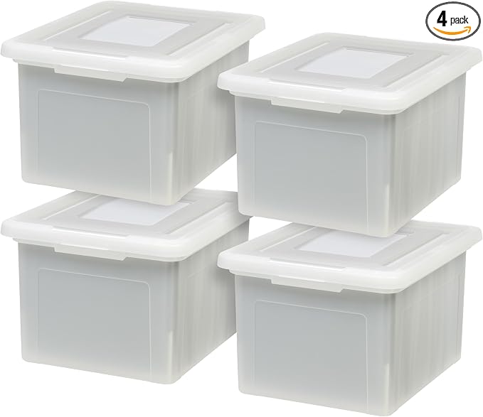 IRIS USA 4-Pack 35 Qt. Letter File Box with Lid, Pearl | Protect important documents, letter and legal files with secure storage for home offices, moving, and long-term organization