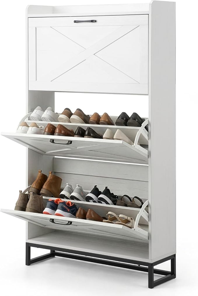 VINGLI Tall Farmhouse Shoe Cabinet with 3 Flip Drawers, Slim Entryway Shoe Storage Organizer with Metal Legs, Narrow Free Standing Wood Shoe Rack for 24 Pairs, Washed White (55" H)
