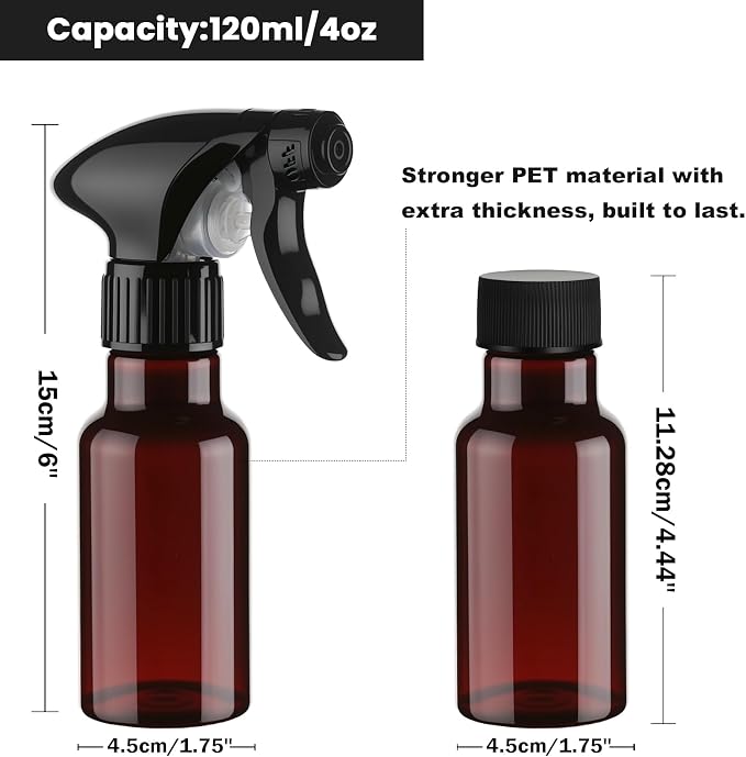 Spray Bottles 4oz/120ml Plastic Small, Clear, 2 Pack | Mist/Stream Spraying, Heavy Duty, For Hair, For Cleaning Solutions, For Plants