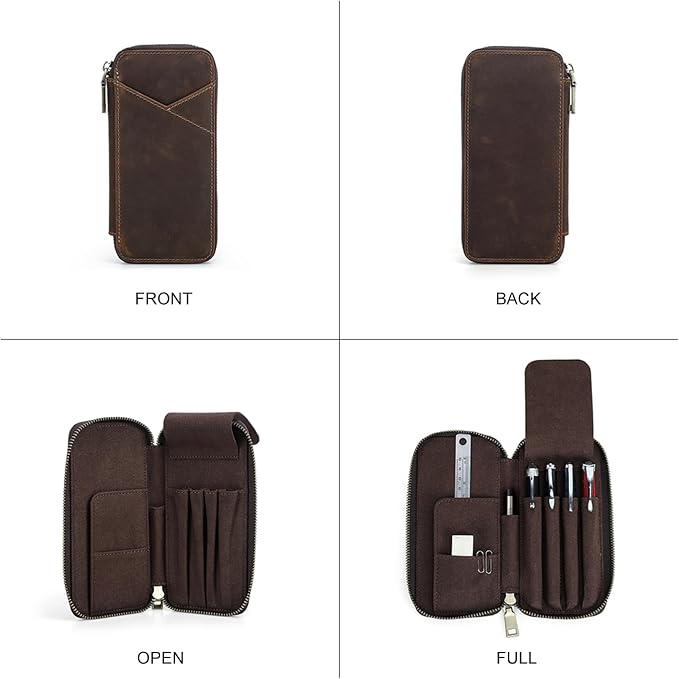 CONTACTS Full Grain Crazy Horse Leather Pencil Case Handmade Vintage Zipper Pen Holder Pouch with Card Slot Pens Organizer Pockets Stationery Bag for Men