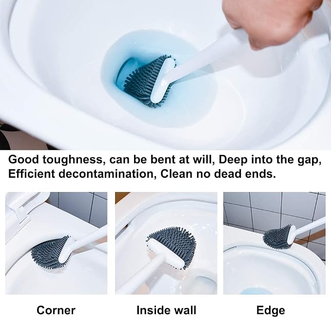 Sellemer Silicone Toilet Brush, Ventilation Slots Holder 2 Pack Pearl White | Flexible Bristles Flat Head for Rim, Hair Tangle-Free, Easy to Clean, Compact Design, Rustproof Handle, for Toilet/Sink/Tub