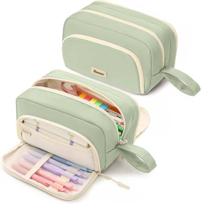 SUNEE Cute Pencil Case, Aesthetic Pen Pouch with 3 Compartments, Kawaii Colored Large Pencil Bag with Zipper, Stationery Storage and Organizer, Green School Supplies for Teen and Adult Girls