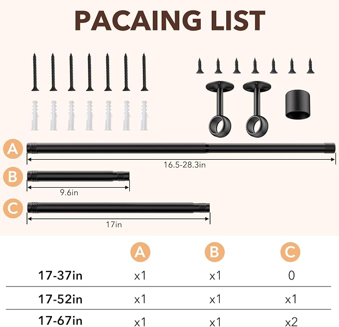 SUTINE Closet Rod, Closet Rods for Hanging Clothes, 17 to 67 inch Adjustable Ceiling/Wall mounted Closet Hanging Rod, Heavy Duty Clothes Rod Clothing Bar, Closet Poles for Hanging Clothes for Wardrobe