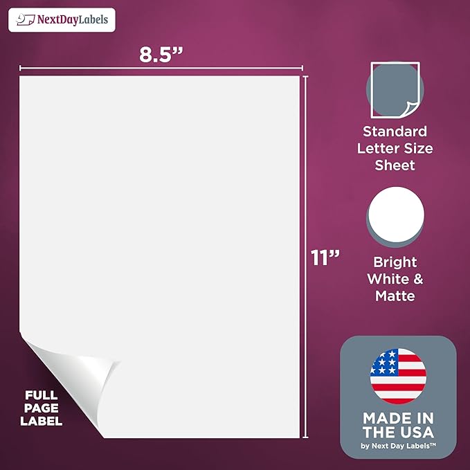 NextDayLabels - Full Page Labels 8.5 x 11 - White Shipping Labels - 8.5 x 11 Label Paper for Printer - Large Blank Matte Sticker Printer Paper - Laser/Inkjet Printer Labels (1 Per Sheet, 50 Labels)