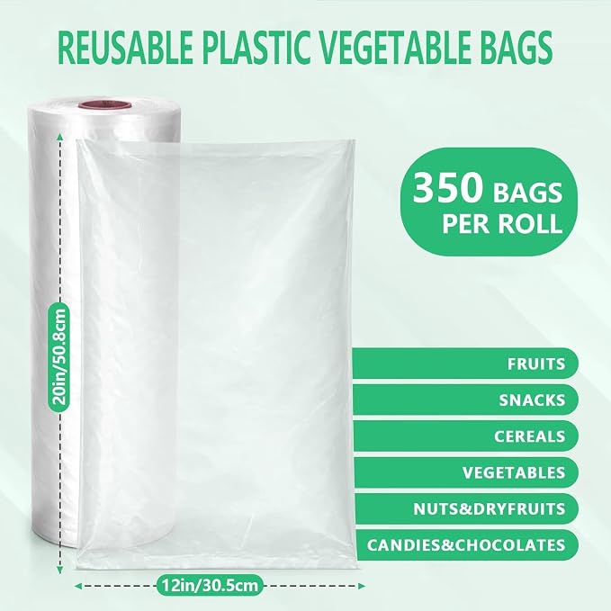 9527 Product 12" x 20" Clear Plastic Produce Bag, Food Storage Bag on a Roll, 350 Bags One Roll (4 Rolls), Freeze/Heat Clear Bag for Bread, Meat, Vegetables, Fruits