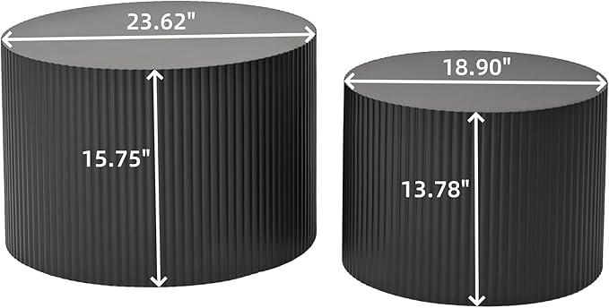 Nesting Coffee Table Set of 2, Modern Drum Side End Wave Stripe Round Coffee Table for Living Room, Bedroom, Black