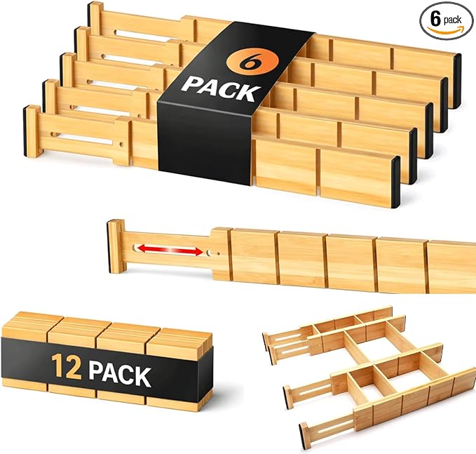 6 Pack Bamboo Drawer Dividers, Adjustable 17–22 Inch Expandable Drawer Organizer for Kitchen, Dresser & Closet, Bamboo Kitchen Drawer Organizer, Drawer Divider Set with 12 Inserts