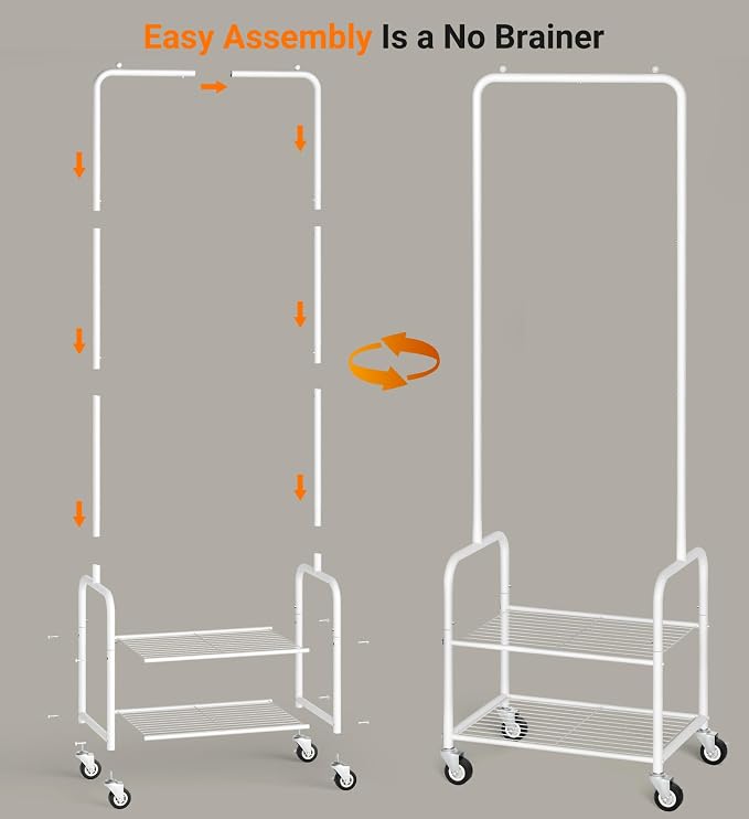 AOODA Small Clothes Rack with Shelves, Metal Sturdy Rolling Clothing Racks for Hanging Clothes, Portable Garment Rack with Wheels for Shirts, Coats, Shoes, Bags (White)