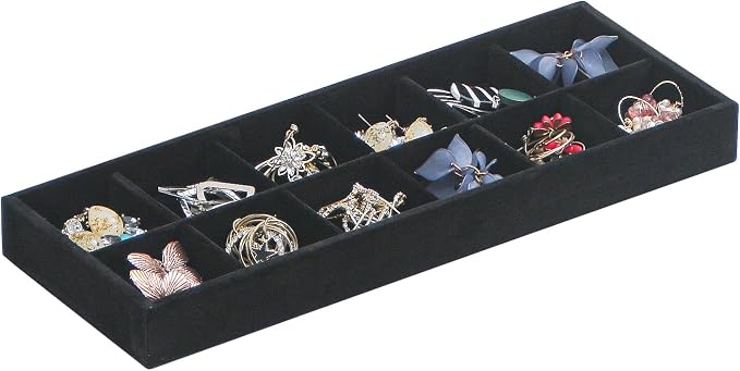 Divided Drawer Organizer, Velvet Jewelry Storage Tray for Necklace, Bracelet, Ring, Earring Display - Bedside Nightstand Desk Holder for Phone, Watch, Sunglasses, Cosmetics Storage/Black/12grid