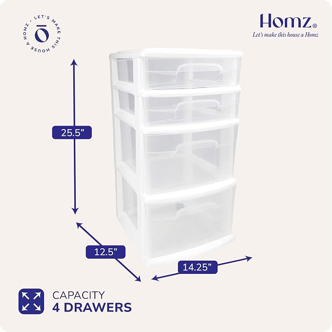 HOMZ Drawer Tower, 4-Tier Clear Plastic Storage Organizer Cart, White Frame - Rolling Drawers with Wheels for Desk, Dresser, Cabinet, Bedroom, Bathroom, Classroom, and Office Organization