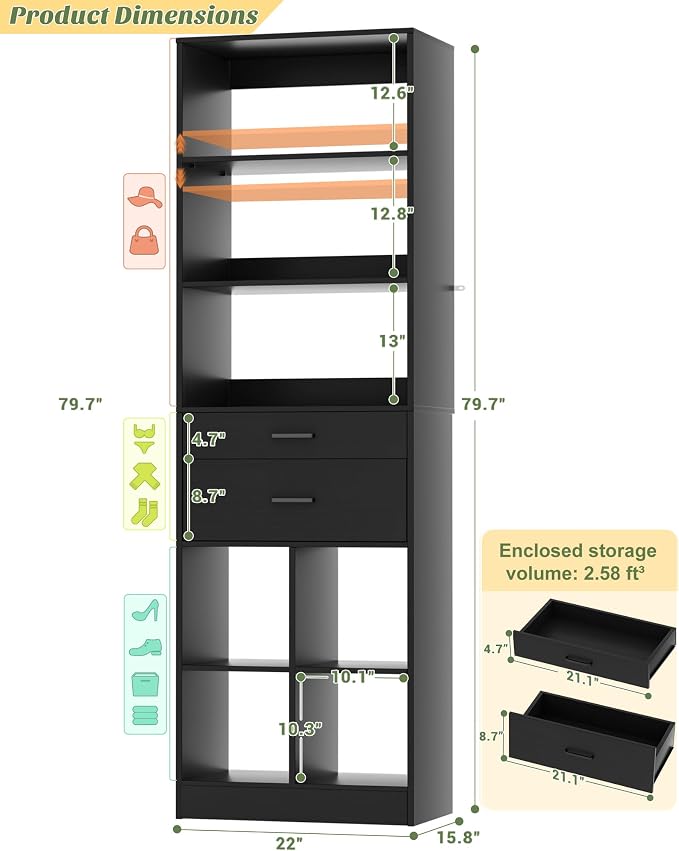 Besiost 22" Closet System with Drawers, 1.85 FT Small Closet Organizer for Walk in Closet, Bedroom & Nursery, Wardrobe Storage Unit with Storage and Shelves, Enclosed Storage Volume 2.58 ft³, Black