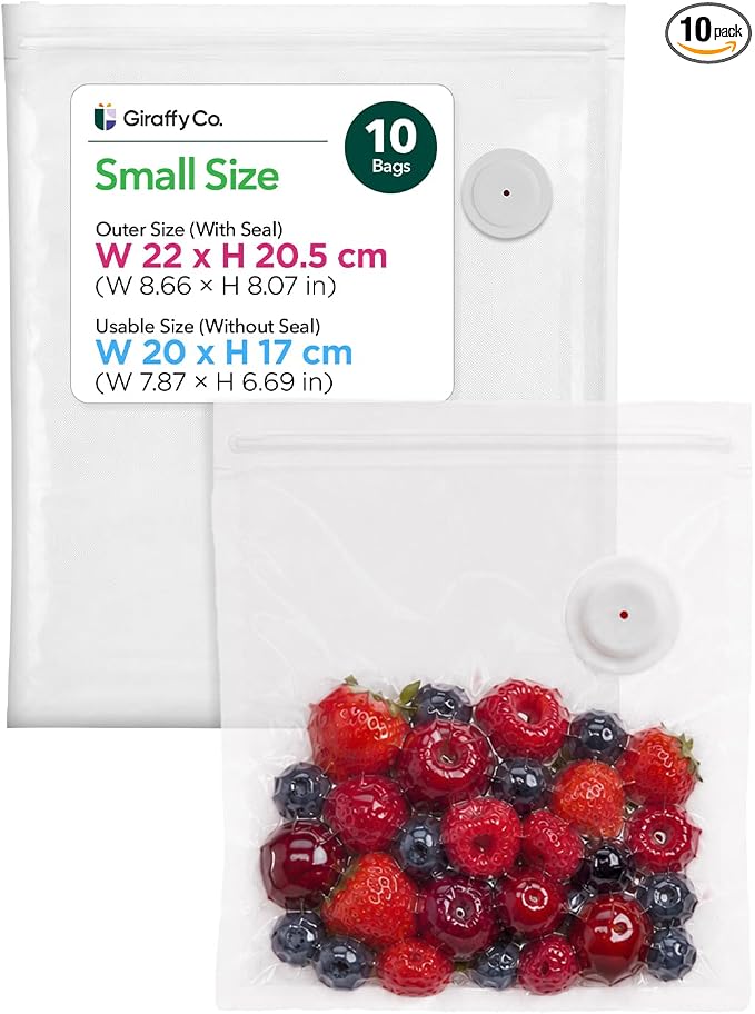 GIRAFFYCO 10 Small Reusable Vacuum Sealer Bags, 8.7 x 8.3 in, Airtight Food | BPA-Free Airtight Bags with Detachable Valve for Handheld Vacuum Sealer, Freezer, Fridge, Meal Prep & Snacks