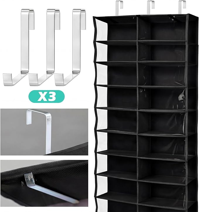 Over The Door Hoodie Organizer 26 Clear Pocket Sweatshirt Organizer with 3 Hooks Hanging Sweatshirt Hoodie Rack Holder Cabinet Behind The Doors for Dormitory Bedroom Closet Storage(Black)
