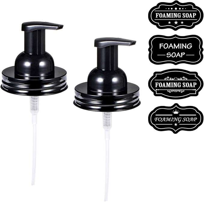 Amolliar Mason Jar Foaming Soap Dispenser Pump, Plastic Foam Soap Pump Rustproof Stainless Steel Lid, Refillable Hand Soap, Waterproof Labels, Cute Farmhouse Decor, Bathroom Accessories, Black 2 Pack