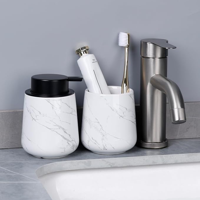 Bosilunlife 12Oz Ceramic Foam Soap Dispenser for Bathroom Kitchen Counter | Premium countertop foam pump creates delicate dense foam, stable desktop placement, Marble