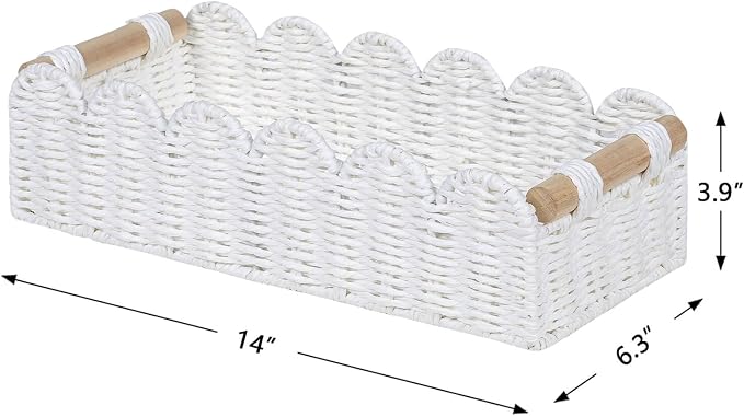 CubesLand Scalloped Edge Toilet Paper Storage Basket, Living Room Home Cozy Decor Basket, Paper Rope Small Baskets for Over Toilet Storage Shelf, End Table, Shelves, with 2 Wooden Handles, White