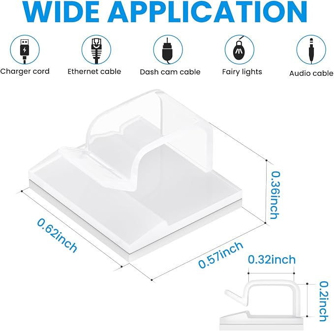 30 Pcs Adhesive Cable Clips for Cord Management Under Desk Nightstand Phone PC Charger Plug Speaker TV Cord Holder Keeper Hook Wall Wire Organizer Car Dash Cam Ethernet Christmas Light (Clear, Small)
