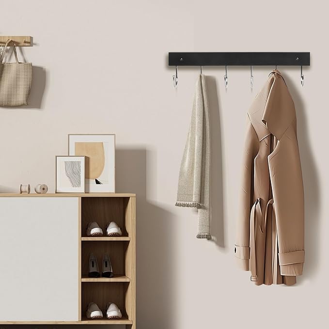 2 Pack Coat Rack Wall Mount with 12 Rotating 180° Coat Hooks, 14.6" Rustproof Wooden Entryway Organizer, Wall Hooks for Hanging Coats, Purse, Hats, Jackets, Towels, Space Saving Hanger (Black)
