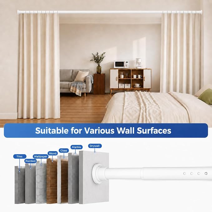 ALLZONE Tension Curtain Rod for Window, 83-123 Inches, Heavy Duty Curtain Rods No Drilling, Non-Slip Bathroom Shower Tension Rod, Renter Friendly, Adjustable, Spring Loaded, Extra Long, White