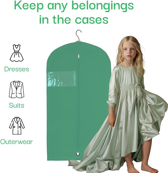 Kids Garment Bag for Hanging Clothes, Travel Garment Bag for Dresses, Dance Costumes & Suits, Breathable Clothes Cover for Baby Toddler Child, Green, 30" x 18"