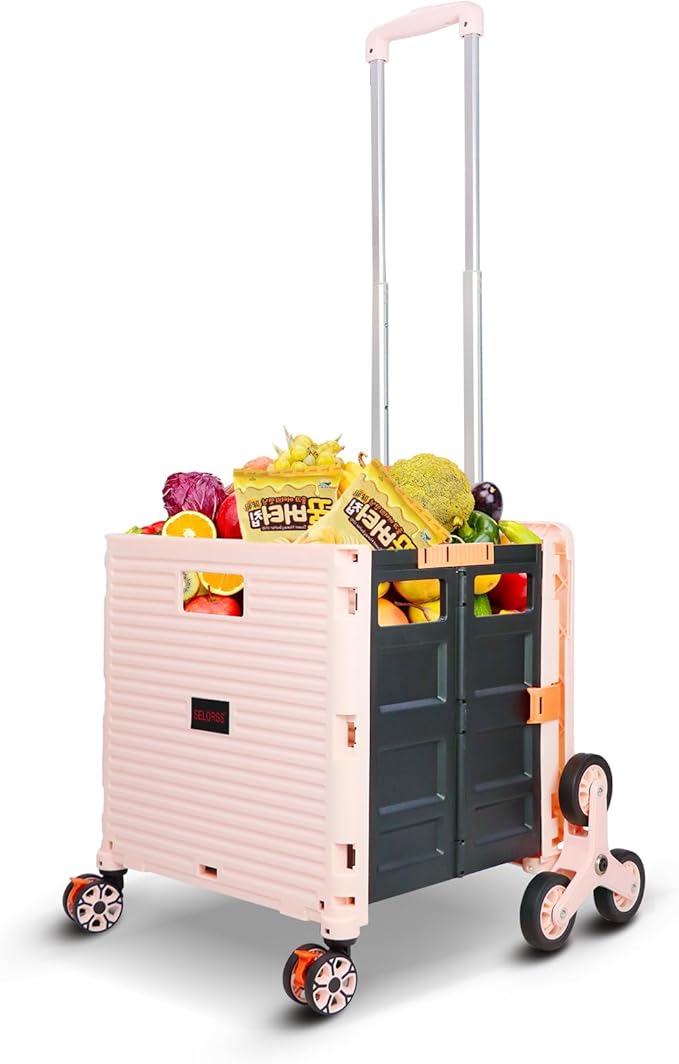SELORSS Foldable Utility Cart Collapsible Crate Rolling Carts with Stair Climbing Wheels Rolling Tote Basket Teacher Cart with Lid Wear-Resistant 360°Rotate Wheel Noiseless for Shopping Grocery Office