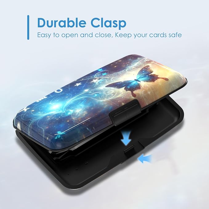 RFID Blocking Credit Card Protector, Blue Butterfly Aluminum ID Case Hard Shell Business Card Holders Metal Wallet for Men or Women