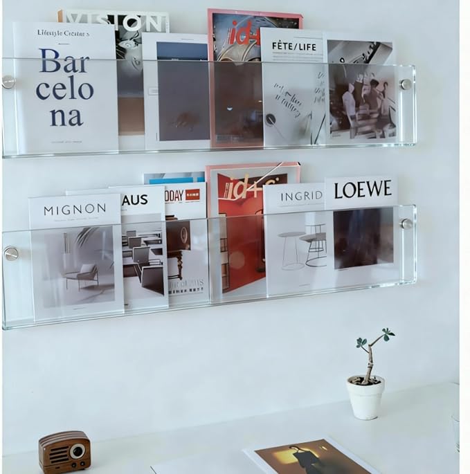 ROYALITA 2-Pack Acrylic Magazine Holder Brochure Holder, Clear 36 Inch | Record Magazine Rack, Fashion Floating Bookshelf, Literature Storage Rack for Waiting Room, Living Room, Office