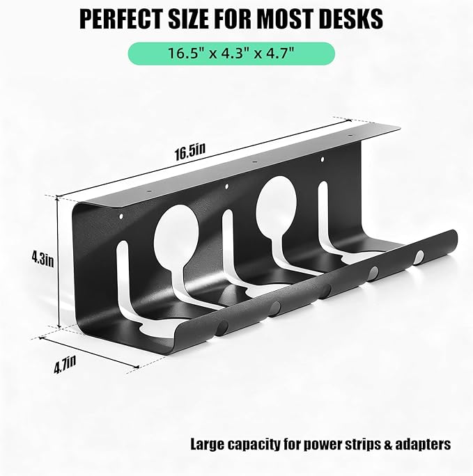 Cord Management Under Desk, 16.5" L x 4.7" W x 4.3" H, 2 Pack Under Desk Cable Tray, Wire Organizer for Power Strip, Tape Mount or Screw Mount, Easy Install Cord Raceway for Desk & Home