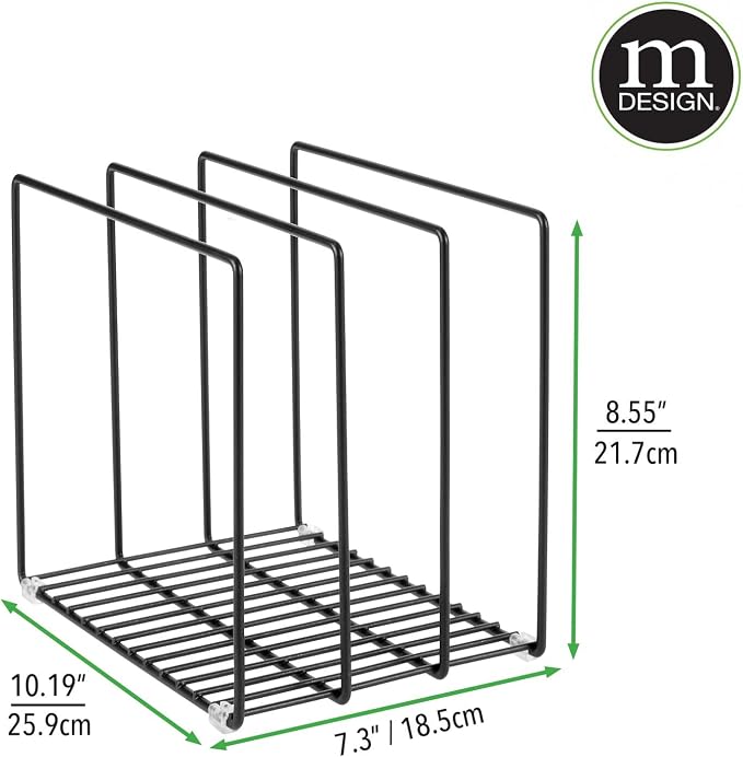 mDesign Steel Storage Tray Organizer Rack for Kitchen Cabinet - Divided Holder with 3 Slots for Skillets, Frying Pan, Pot Lids, Cutting Board, Baking Sheets - Concerto Collection - Black
