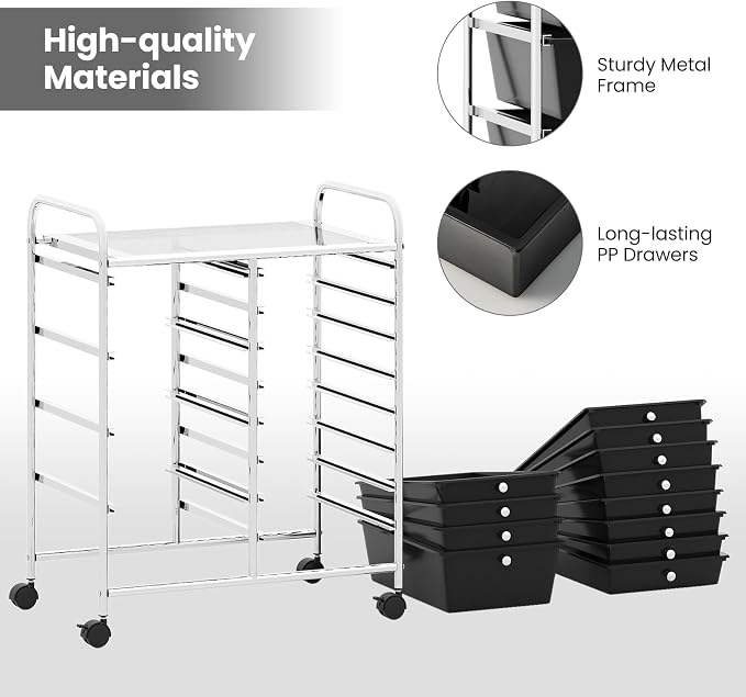 BECOMFORT 15-Drawer Rolling Cart with Drawers, Storage Cart on Wheels, Teacher Classroom Organizers with Metal Frame, Mobile Craft Cart for Tools