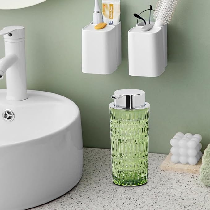 Foam Soap Dispenser, Glass Foaming Hand Soap Dispenser with Pump, 14 Oz Bathroom Refillable Liquid Lotion Pump Bottle Container for Kitchen Countertop Decor (1, Green Silver)