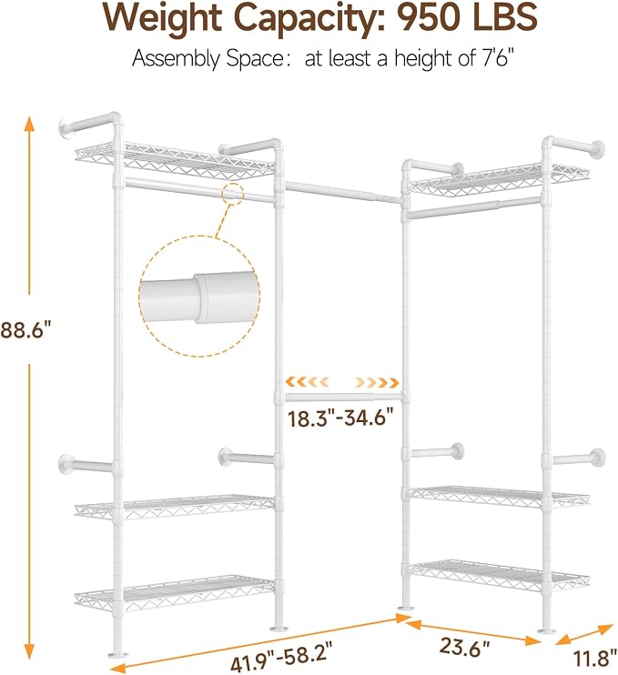 L3 Wall Mounted Metal Pipe Closet System Heavy Duty Corner Garment Rack | Max Load 950LBS with 4 Telescopic Rods & 6 Wire Shelves Black Industrial Modular Clothing Clothes Rack Wardrobe Closet