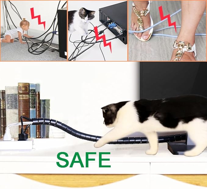 Computer Cable Sleeve Cord Management Organizer Large Black Wire Wrap Tube Under Desk Cord Covers Protectors Pets Chew Proof (1.1 inch and 7/8 inch) 5 Feet Long, TV Office Wire Wrap Solutions