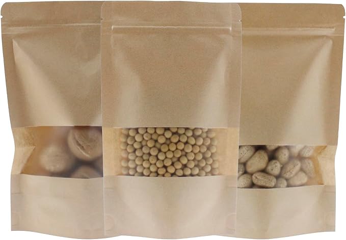 Kraft Paper Zipper Pouches,ULIFESTAR Kraft Stand Up Zip Lock Pouch Bags,100PCS Resealable Bag with Transparent Window and Tear Notch Resealable Bag for Small Business HomeUse,4.7"*7.9"(12 * 20cm+4cm)