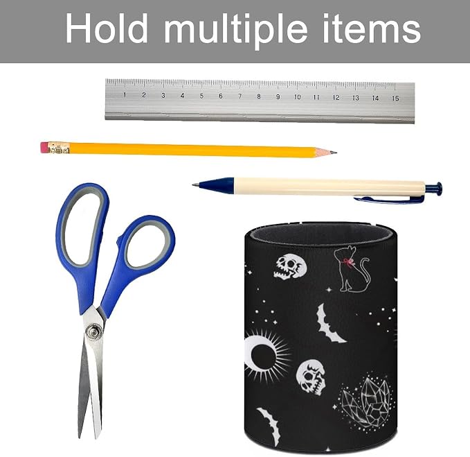 Gothic Skull Cat Moon Pen Holder Pencil Cup for Desk Organizer | Cute Makeup Brush Holder PU Multifunctional Office Suppliesfor Decor Home Classroom School
