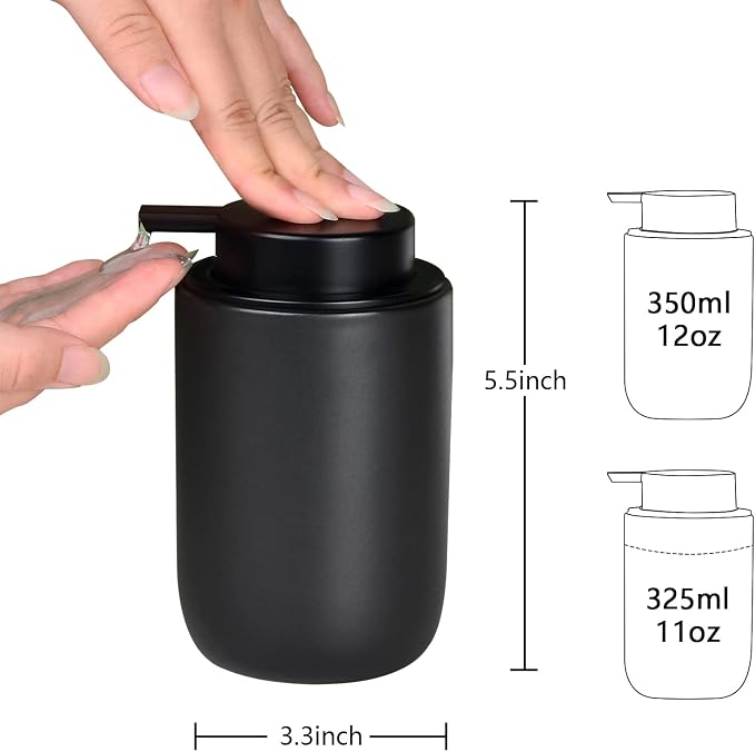 BosilunLife Black Soap Dispenser Set - 2 Pack 12oz Ceramic Dish Soap Dispenser with Rust Proof Pump for Kitchen, Hand Soap and Lotion Set Suitable for Farmhouse Bathroom Decor with Waterproof Labels
