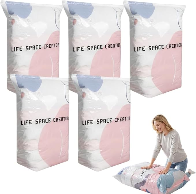No-Pump Vacuum Storage Bags, Cube Compression Space Saver Bags, Upgrade Large Storage Compression Bags Press & Seal, For Clothes,Bedding Comforters, Blankets (5PCS, Large)