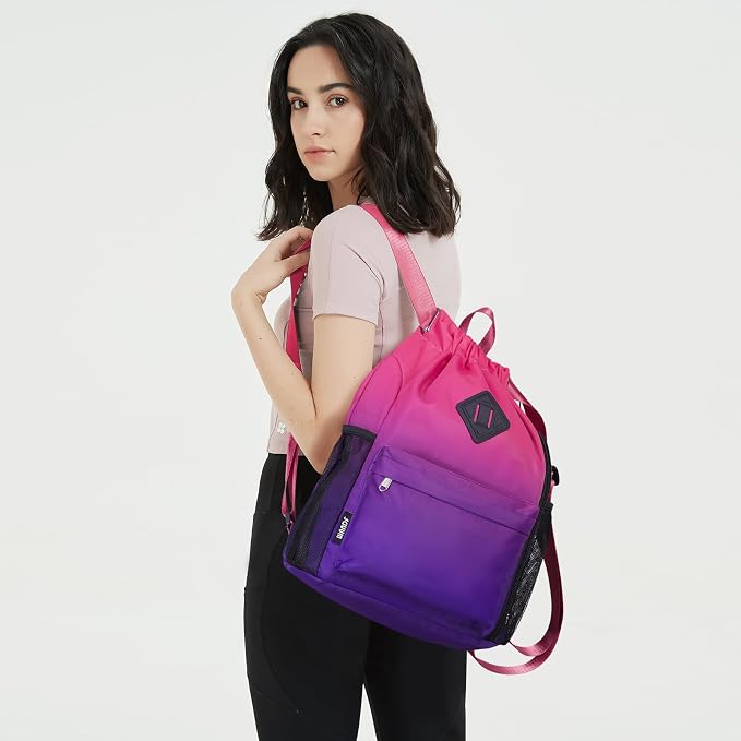 WANDF Drawstring Backpack with Shoe Compartment, Sports Gym Bag | Multi-Pocket Storage, Water-Resistant Fabric, Cinch String Bag