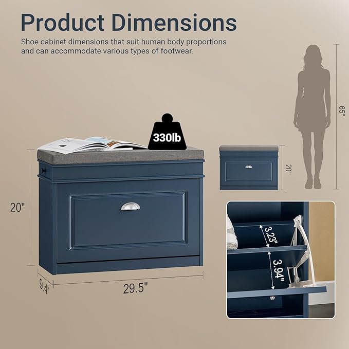 Haotian Shoe Storage Bench with Cushion, Navy Narrow Shoe Rack for Entryway, Small Shoe Cabinet with Flip-Drawer, Closet Hallway Mudroom FSR82-L-B