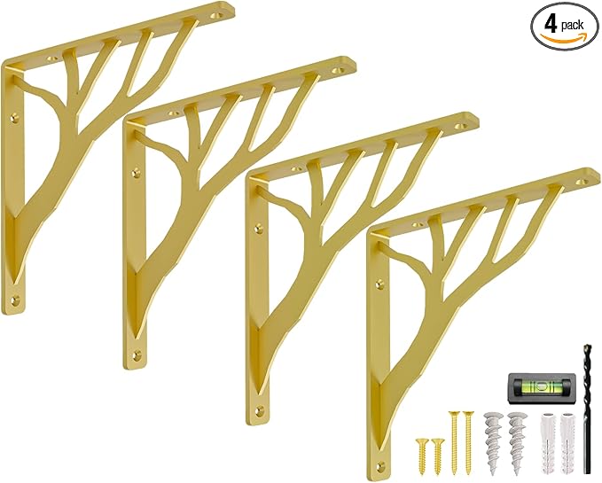 Rustic Tree Brass Heavy Duty Shelf Brackets 8 inch by Balin Designs, Gold Decorative L Brackets, Iron Metal Floating Shelf Bracket, Wall Mount Shelving Bracket, Included Hardware, Set of 4
