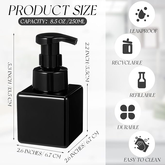 Domensi Foaming Soap Dispenser 8.5 oz Foam Pump Bottle Bulk Empty Travel Foaming Dispenser Refillable Hand Soap Plastic Pump Bottle Travel Clear Container for Bathroom Vanities(12 Pcs,Whole Black)