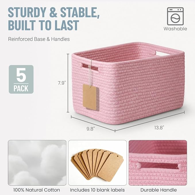 5 Pack Woven Storage Baskets for Shelves Organizing, Decorative Cotton Rope Organization Storage Bins for Toy, Book, Towel, Clothes, Closet, Nursery, Bathroom & Home Decor, Pink