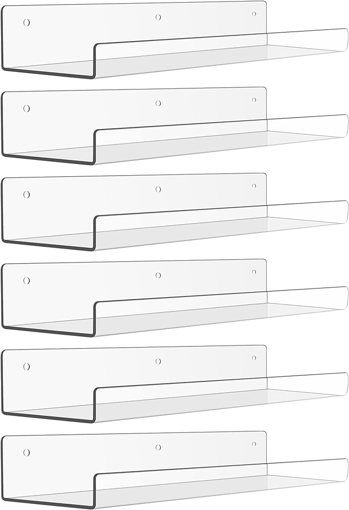 upsimples 6 Pack Acrylic Shelves for Wall Storage, 15" x 4“ Floating Bookshelves for Kids, Display Shelf Organizer for Bathroom, Bedroom, Living Room, Kitchen, Room Decor, Clear | Versatile Clear Floating Bedroom Shelves for Figures & Collectibles, Kid...