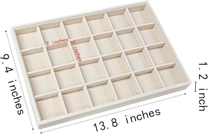 Stratalife 24 Grid Jewelry Organizer Tray, Stackable Drawer Earring Organizer with Adjustable Dividers, Jewelry Display Tray for Necklace Earring Ring Bracelet, 13.8" x 9.4" x 1.2", Beige