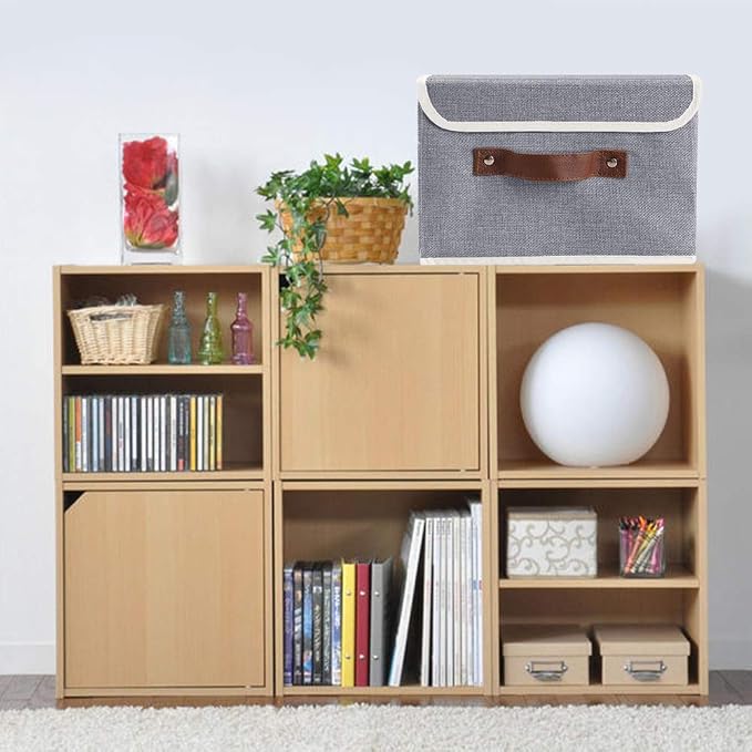 2Pack Storage Bins Boxes with Lids 10" x 8" x 7" Decorative Storage Baskets | Cotton Linen Fabric, Collapsible, Faux Leather Handles, Storage Cubes, Closet Shelf Clothes Organizer Container, Grey