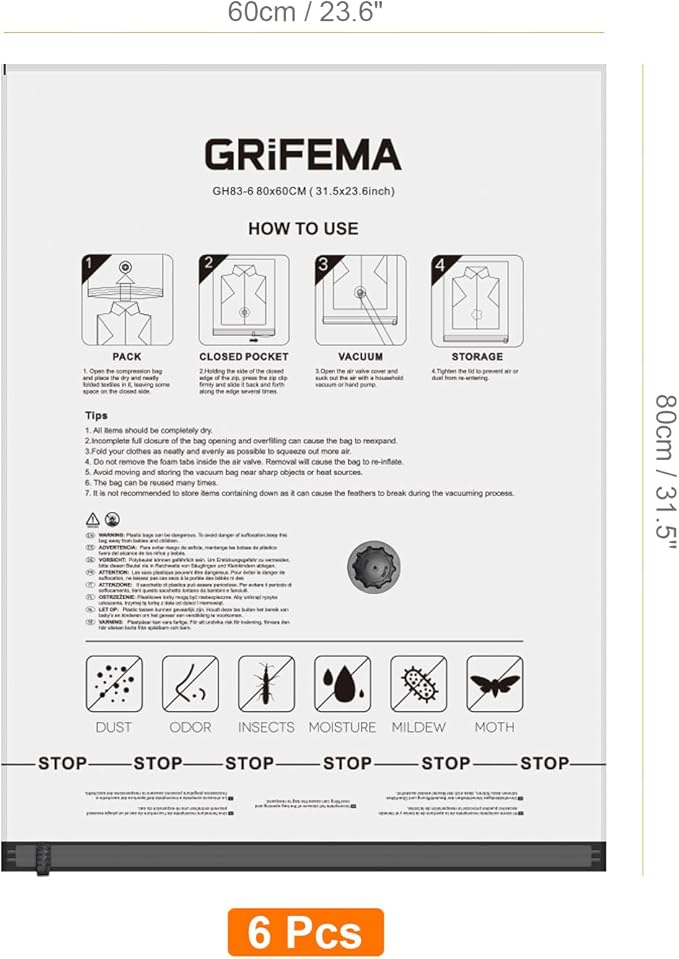 GRIFEMA GH83-6, 6 Pack Vacuum Storage Bags 80x60 cm - Reusable Space Saver Bags for Blankets, Duvets, Clothes, Seasonal Clothing & Travel Luggage Storage