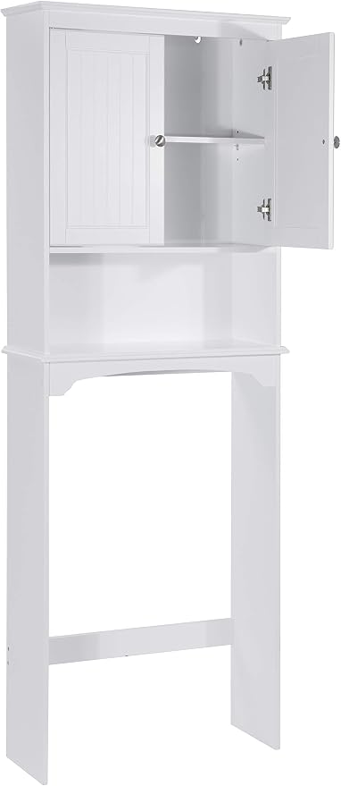 Spirich Over The Toilet Storage Cabinet with Doors, Bathroom Organizer | White, Adjustable Shelf, Anti-Tip Fitting, FSC-Certified MDF, Beadboard Design, 33.3" Toilet Clearance, Adjustable Crossbar