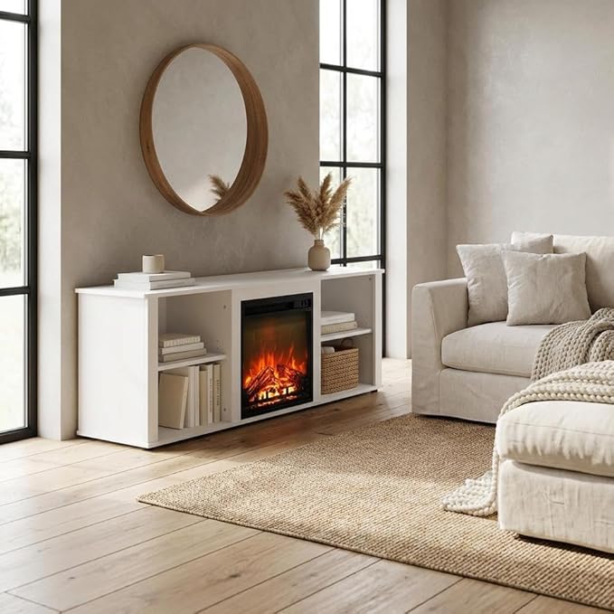Furnifact White TV Stand with Fireplace, 60 Inch Modern Media Console with Wood Construction, Durable Build and Elegant Living Room Entertainment Design