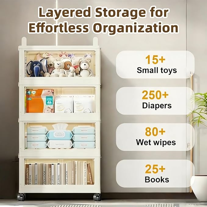 5-Tier Foldable Storage Cabinet with Wheels & Magnetic Doors, Heavy-Duty 23 QT Stackable Storage Bin Organizer, Rolling Cart for Kitchen, Pantry, Dorm
